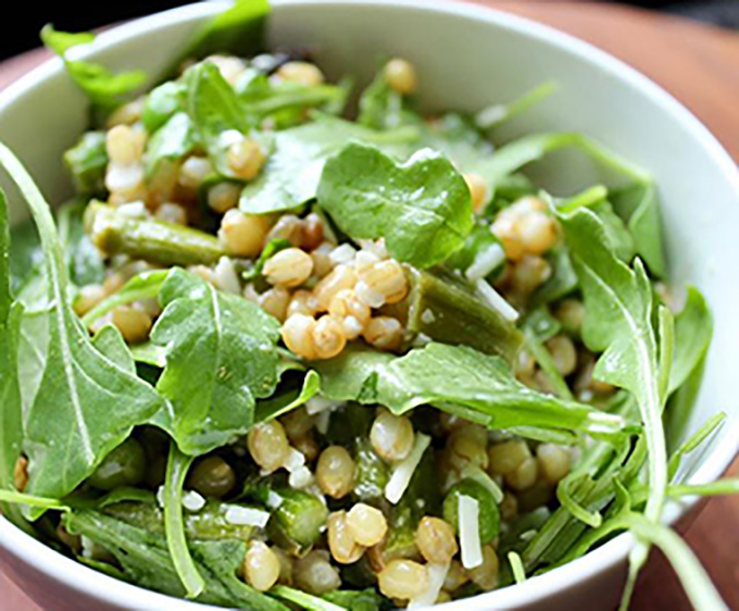 Seasonal wheat berry salad citrus asparagus